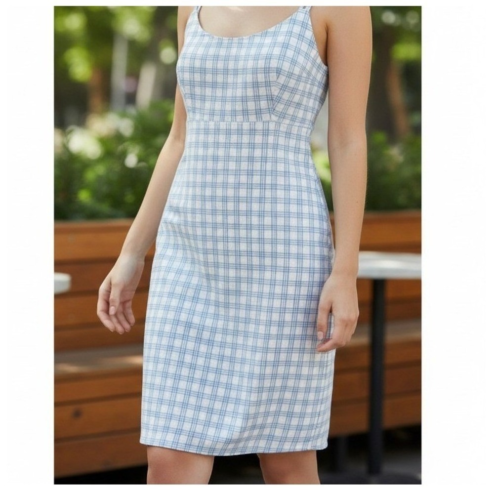 Brandy Melville John Galt Blue/Wh Plaid Mini Dress Adjustable Strap Waist Tie OS